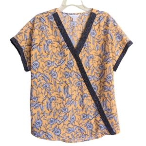 Christopher & Banks Faux Wrap Top Black Yellow Floral Print